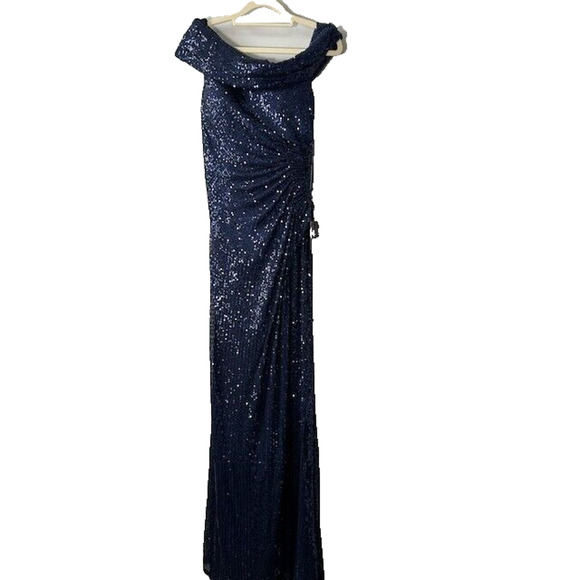 Ieena By Mac Duggal Sequined Drop Shoulder Gown Dress Off The Shoulder Blue 6 - Picture 2 of 13